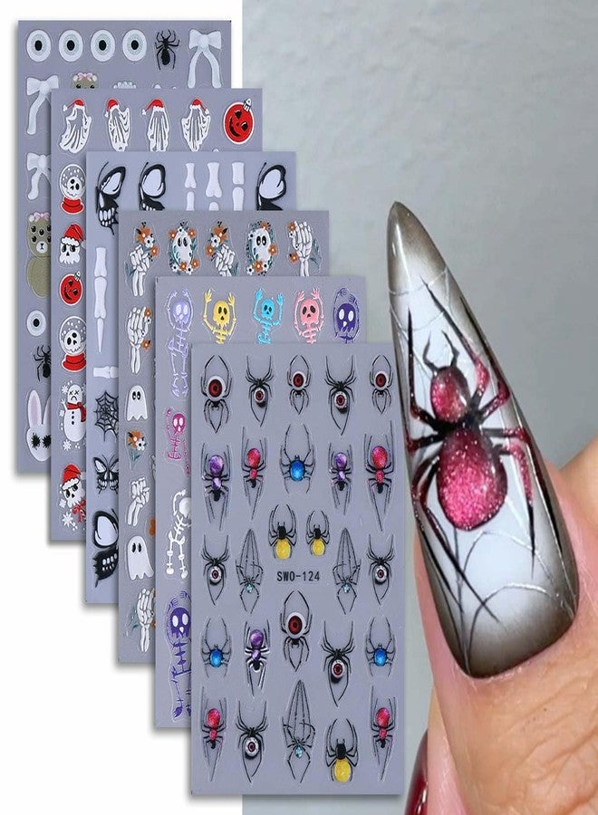 SWEET TREND Halloween Nail Stickers Set - 6 Sheets Spooky Nail Art Decals with Skulls Spiders Ghosts & Evil Eyes - DIY Self-Adhesive Nail Wraps for Halloween Party & Gift for Women - Image 1